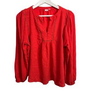 Gap Red Boho Peasant Blouse Small Long Sleeve V Neck